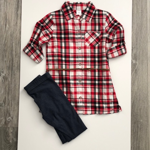 NWOT Carter’s Red Plaid Tunic Button Down w/Rolled Sleeves & Denim Leggings Sz 4 - Picture 1 of 8